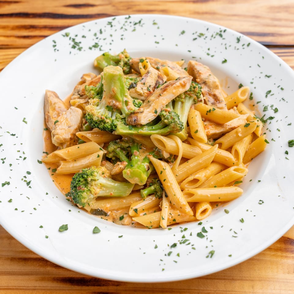 Penne pasta with chicken and broccoli in a creamy sauce, garnished with parsley on a white plate.